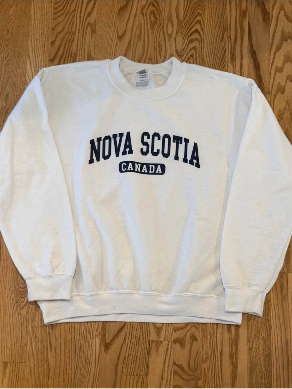 Gildan White Crewneck Sweatshirt with Navy 'Nova Scotia Canada' Text
